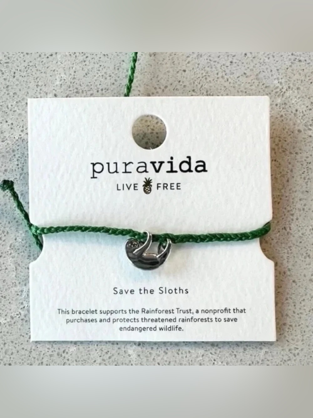 Pura Vida Save the Sloths Rainforest Trust Green and Silver Bracelet